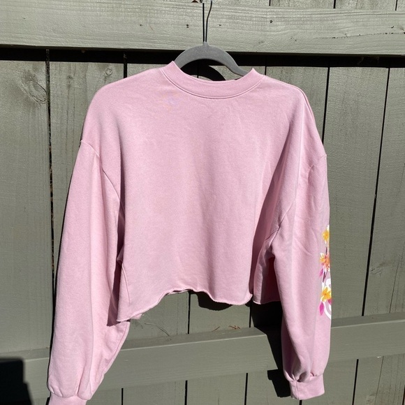 Pink Crop Sweatshirt In Pink With Flowers On The Sleeve - Picture 6 of 7
